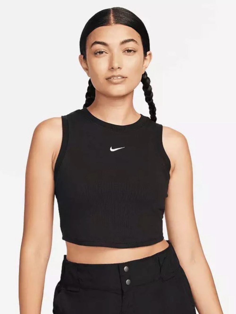 Nike Black Ribbed Cropped Tank with White Swoosh